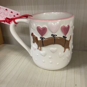 Valentine’s Day Dachshund Dog Pink Heart Balloons Ceramic Coffee Mug NWT